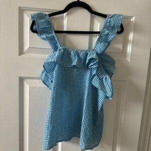 Pink Lily Light Blue Gingham Ruffle Strap Top